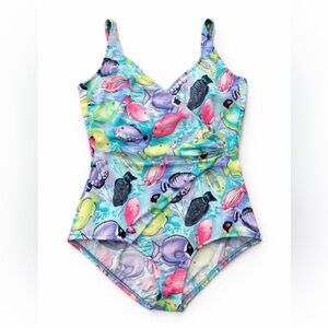 Vtg DVF Diane von Furstenberg Tropical Fish Wrap One Piece Swimsuit Size 18
